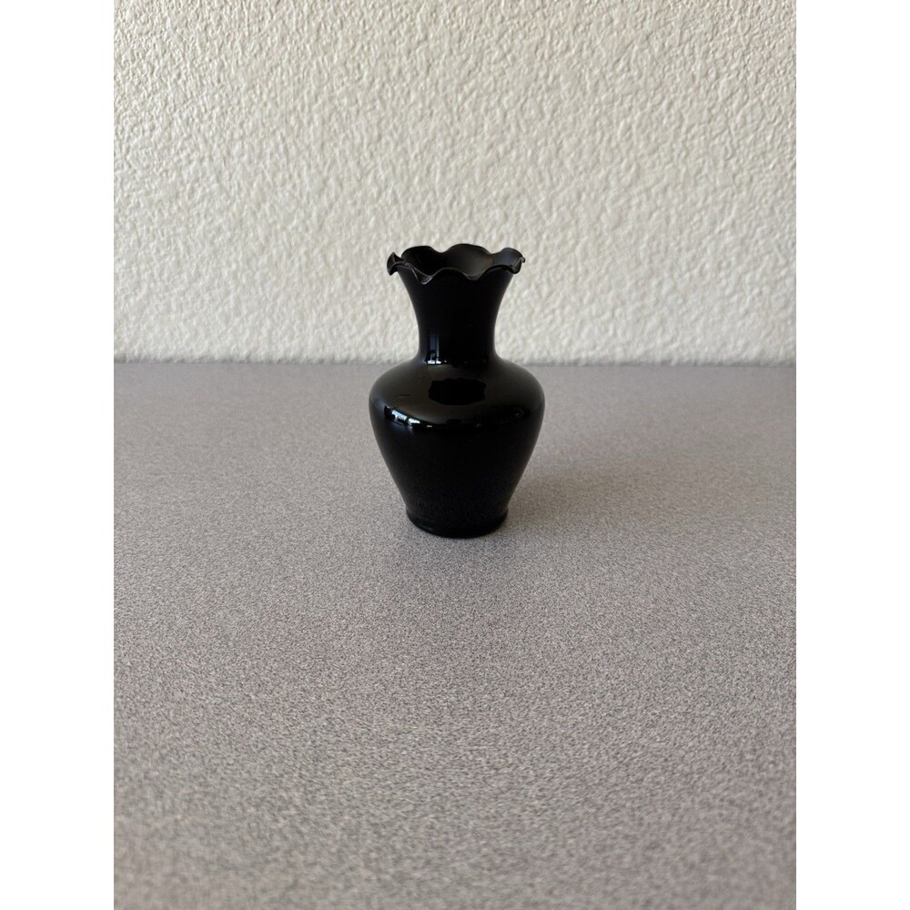 Vintage Enesco Black Art Glass Vase - 1985 Glossy Ruffled Rim 4.5”